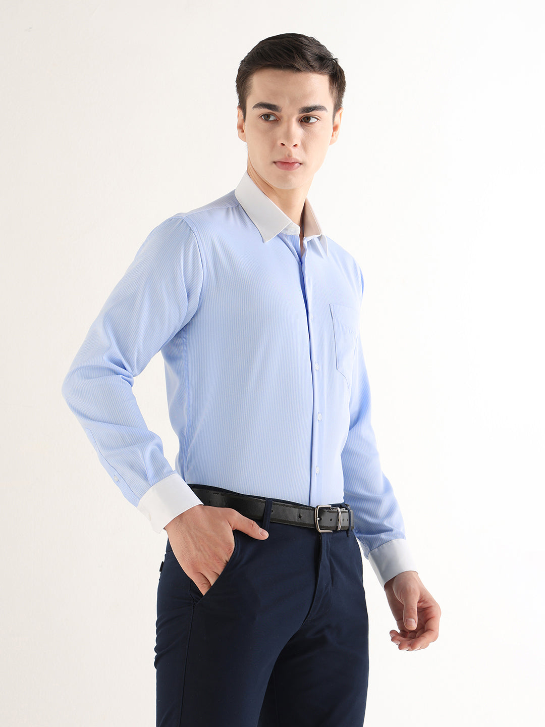Hancock   Men   Sky Blue   Solid Self Design   Pure Cotton   Slim Fit   Formal   Shirt