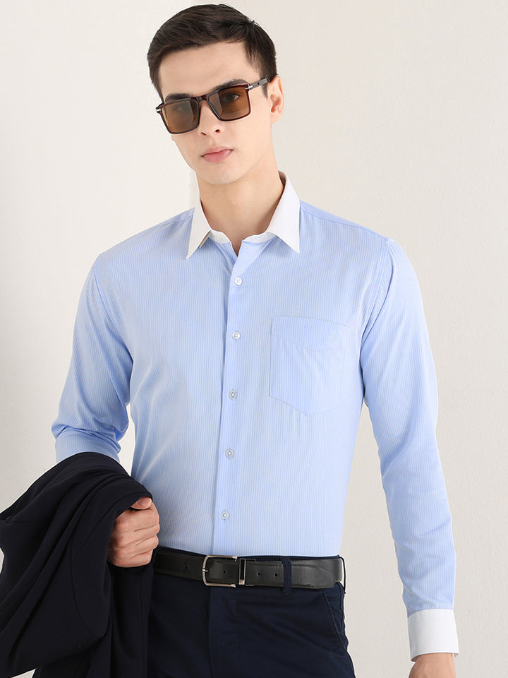 Hancock   Men   Sky Blue   Solid Self Design   Pure Cotton   Slim Fit   Formal   Shirt