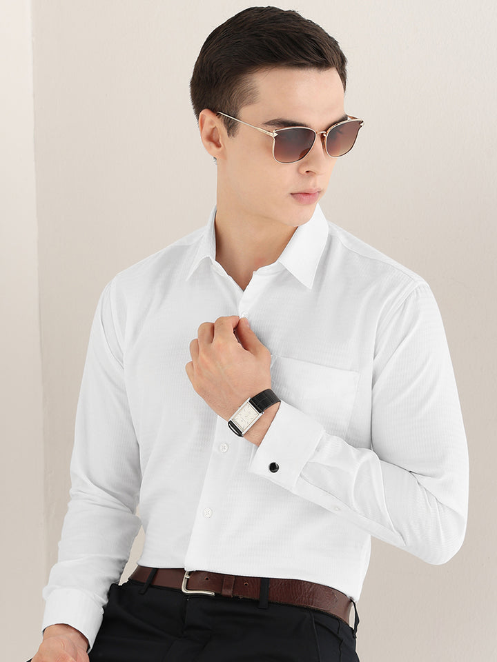 Hancock   Men   White   Solid Self Design   Pure Cotton   Slim Fit   Formal   Shirt