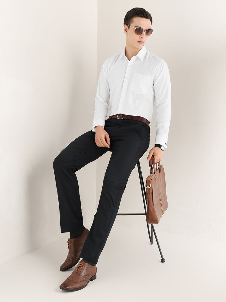 Hancock   Men   White   Solid Self Design   Pure Cotton   Slim Fit   Formal   Shirt