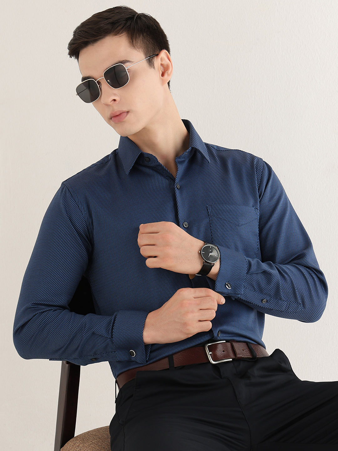 Hancock   Men   Navy Blue   Solids   Pure Cotton   Slim Fit   Formal   Shirt