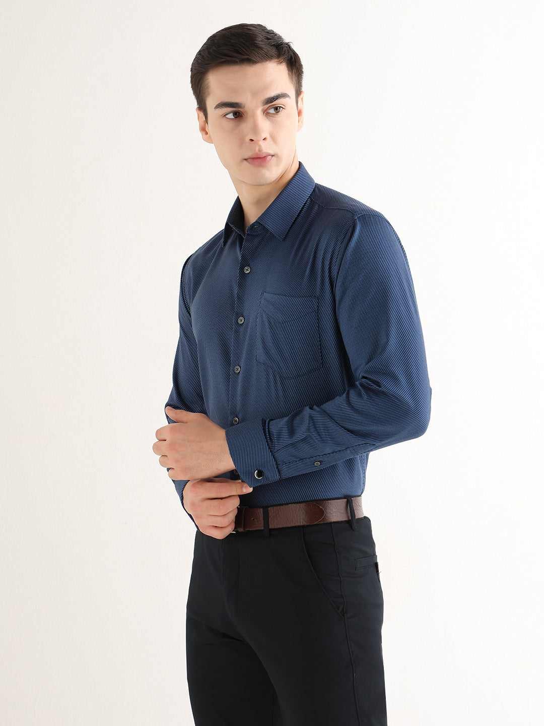 Hancock   Men   Navy Blue   Solids   Pure Cotton   Slim Fit   Formal   Shirt