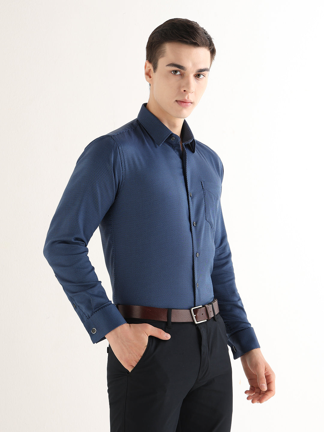 Hancock   Men   Navy Blue   Solids   Pure Cotton   Slim Fit   Formal   Shirt