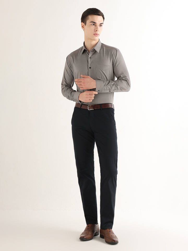 Hancock   Men   Beige & Black   Solid Self Design   Pure Cotton   Slim Fit   Formal   Shirt