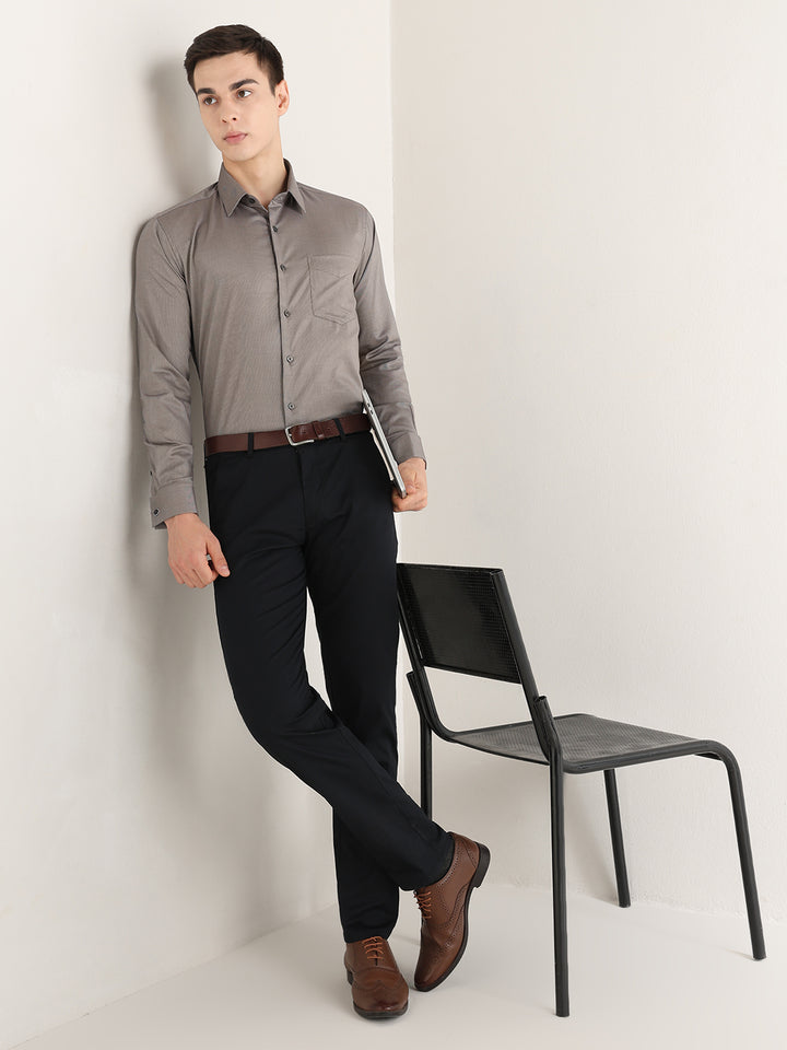 Hancock   Men   Beige & Black   Solid Self Design   Pure Cotton   Slim Fit   Formal   Shirt