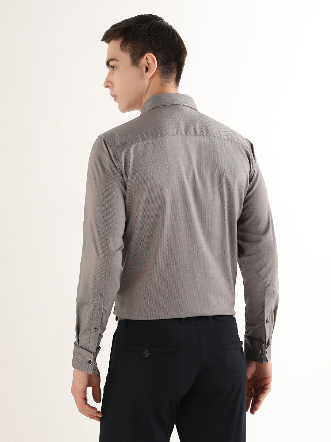 Hancock   Men   Beige & Black   Solid Self Design   Pure Cotton   Slim Fit   Formal   Shirt