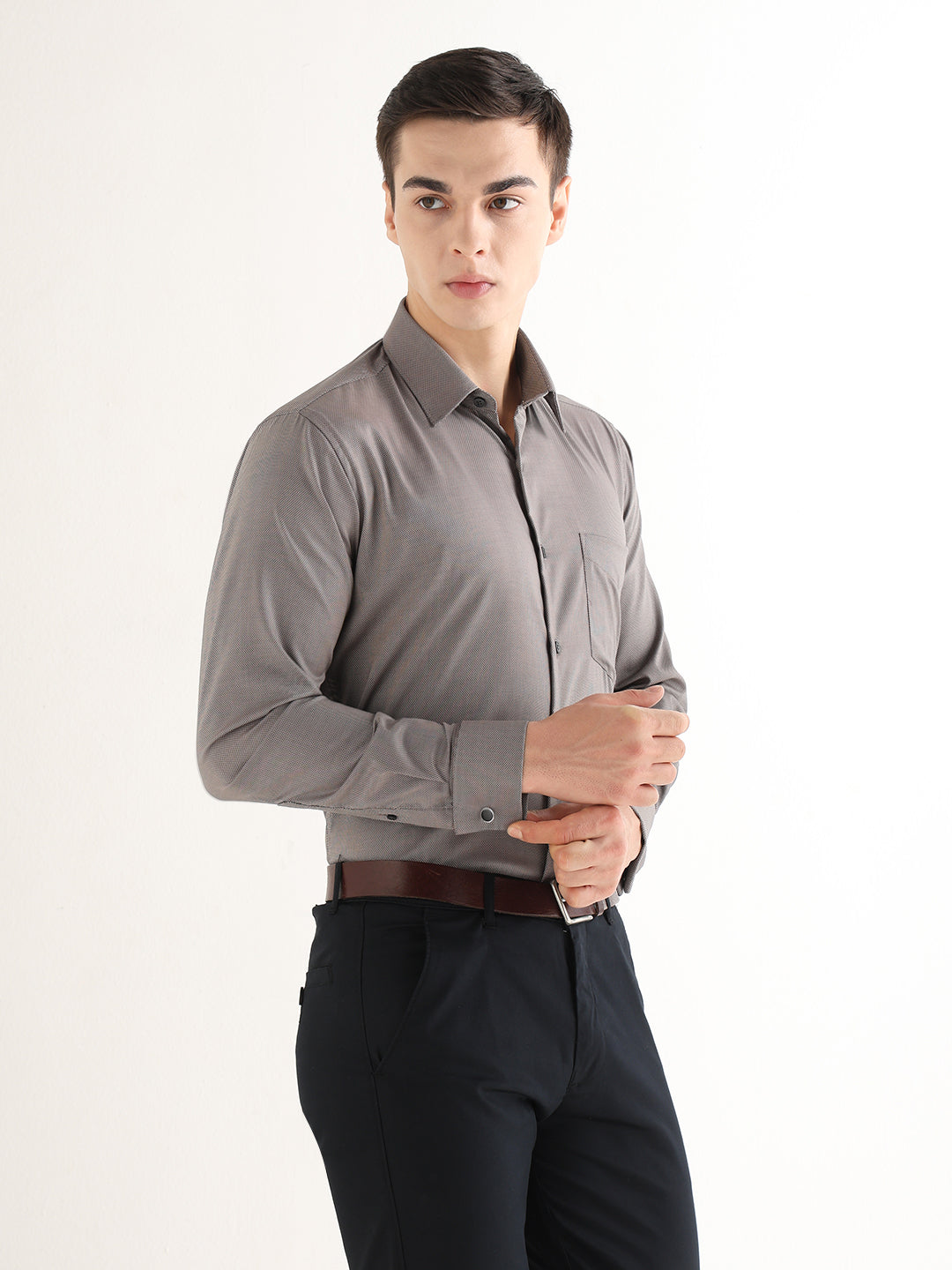 Hancock   Men   Beige & Black   Solid Self Design   Pure Cotton   Slim Fit   Formal   Shirt