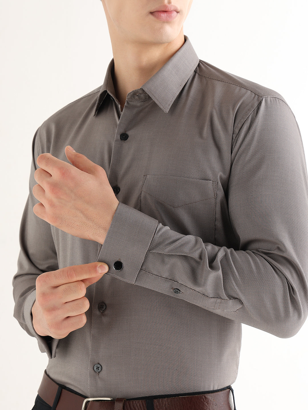 Hancock   Men   Beige & Black   Solid Self Design   Pure Cotton   Slim Fit   Formal   Shirt