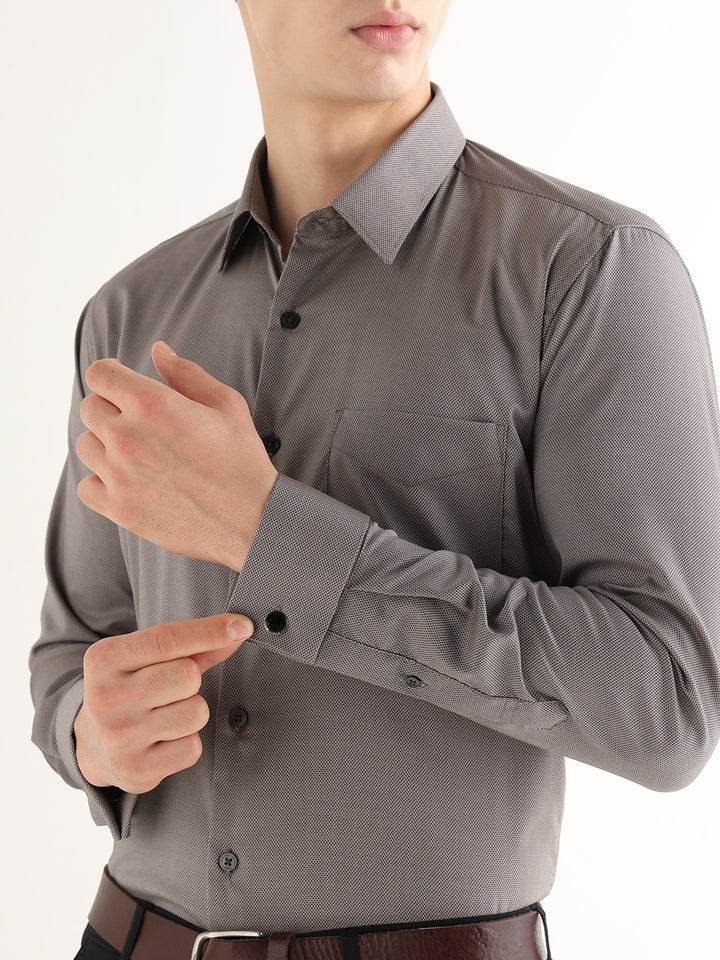 Hancock   Men   Beige & Black   Solid Self Design   Pure Cotton   Slim Fit   Formal   Shirt
