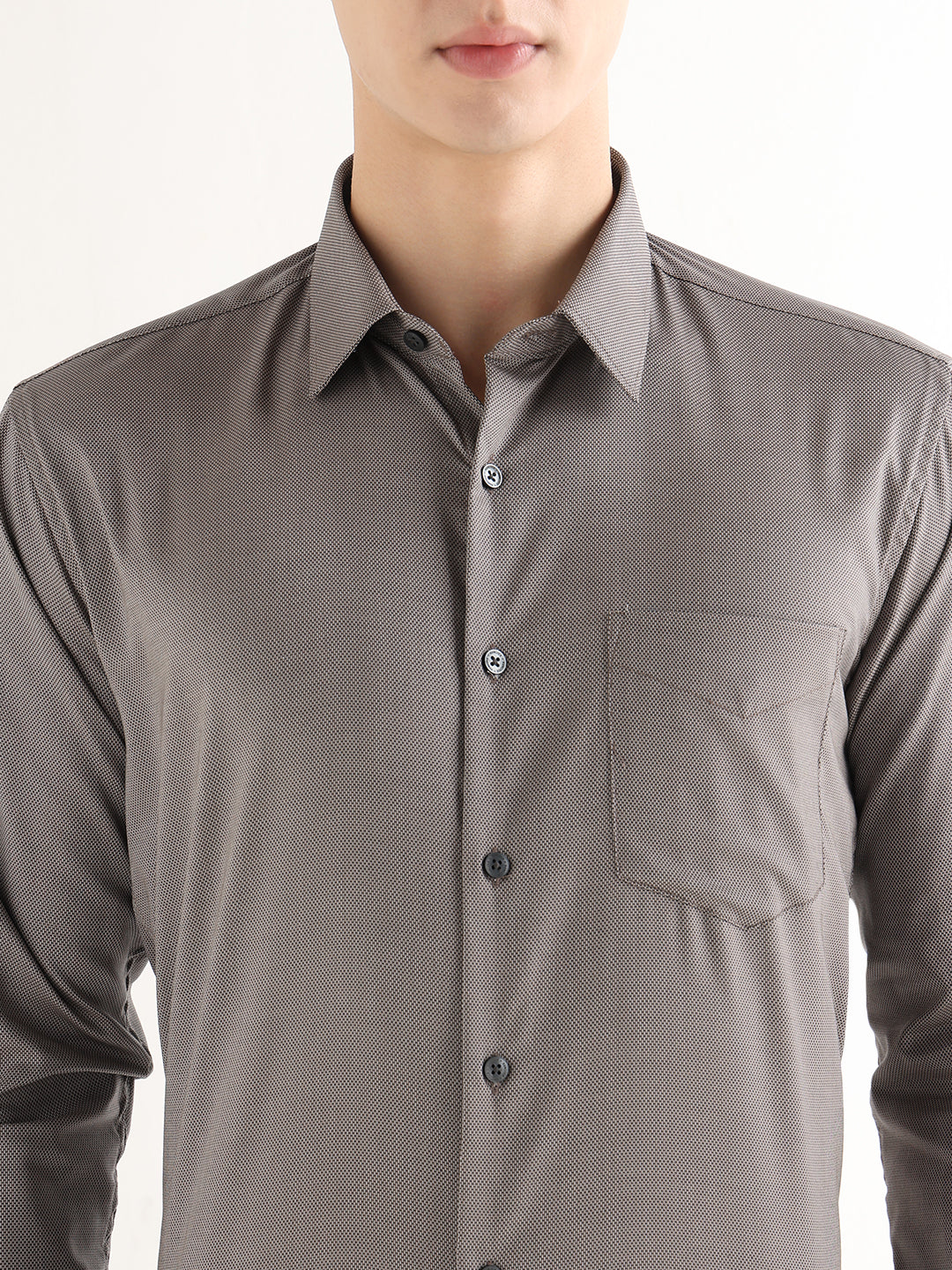Hancock   Men   Beige & Black   Solid Self Design   Pure Cotton   Slim Fit   Formal   Shirt