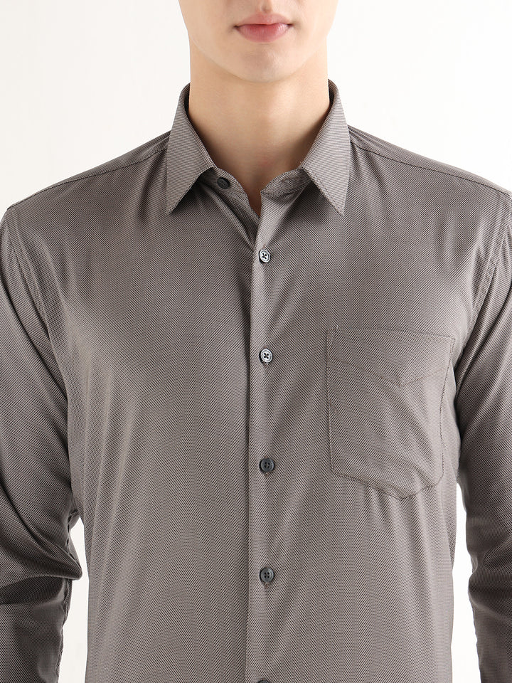 Hancock   Men   Beige & Black   Solid Self Design   Pure Cotton   Slim Fit   Formal   Shirt