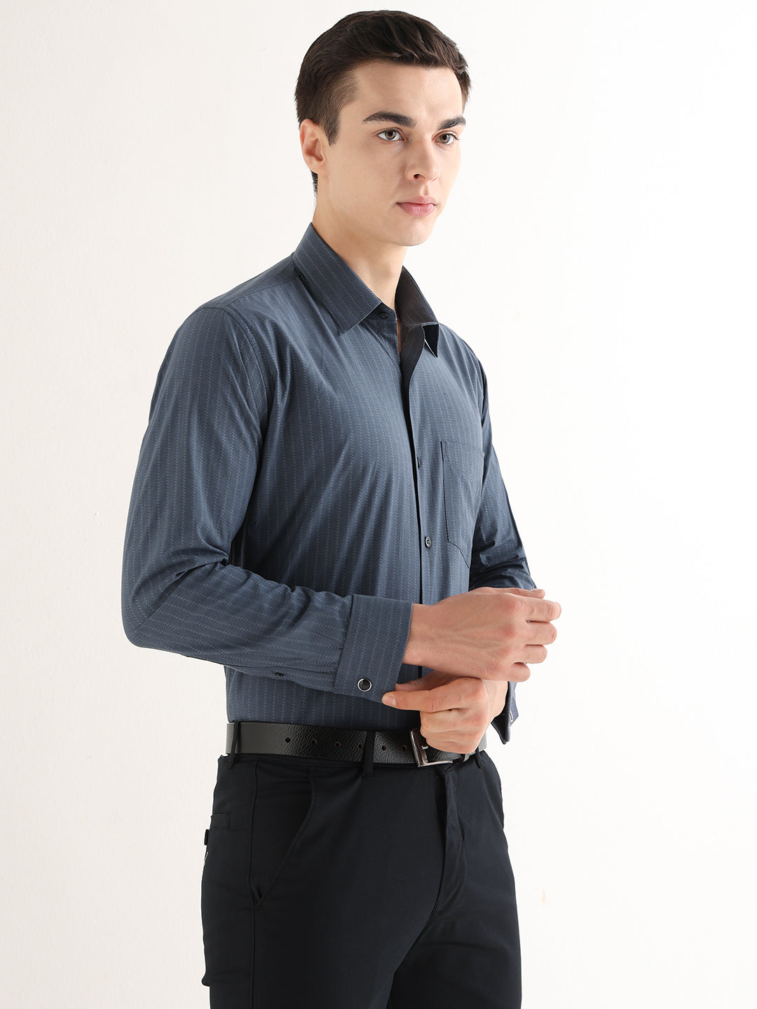 Hancock   Men   Charcoal Grey   Solid Self Design   Pure Cotton   Slim Fit   Formal   Shirt