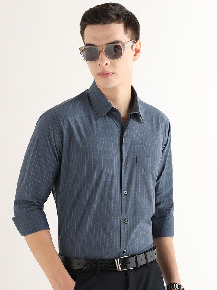 Hancock   Men   Charcoal Grey   Solid Self Design   Pure Cotton   Slim Fit   Formal   Shirt