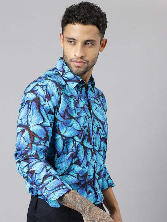 Men Blue Floral Printed Viscose Rayon Slim Fit Party Shirt