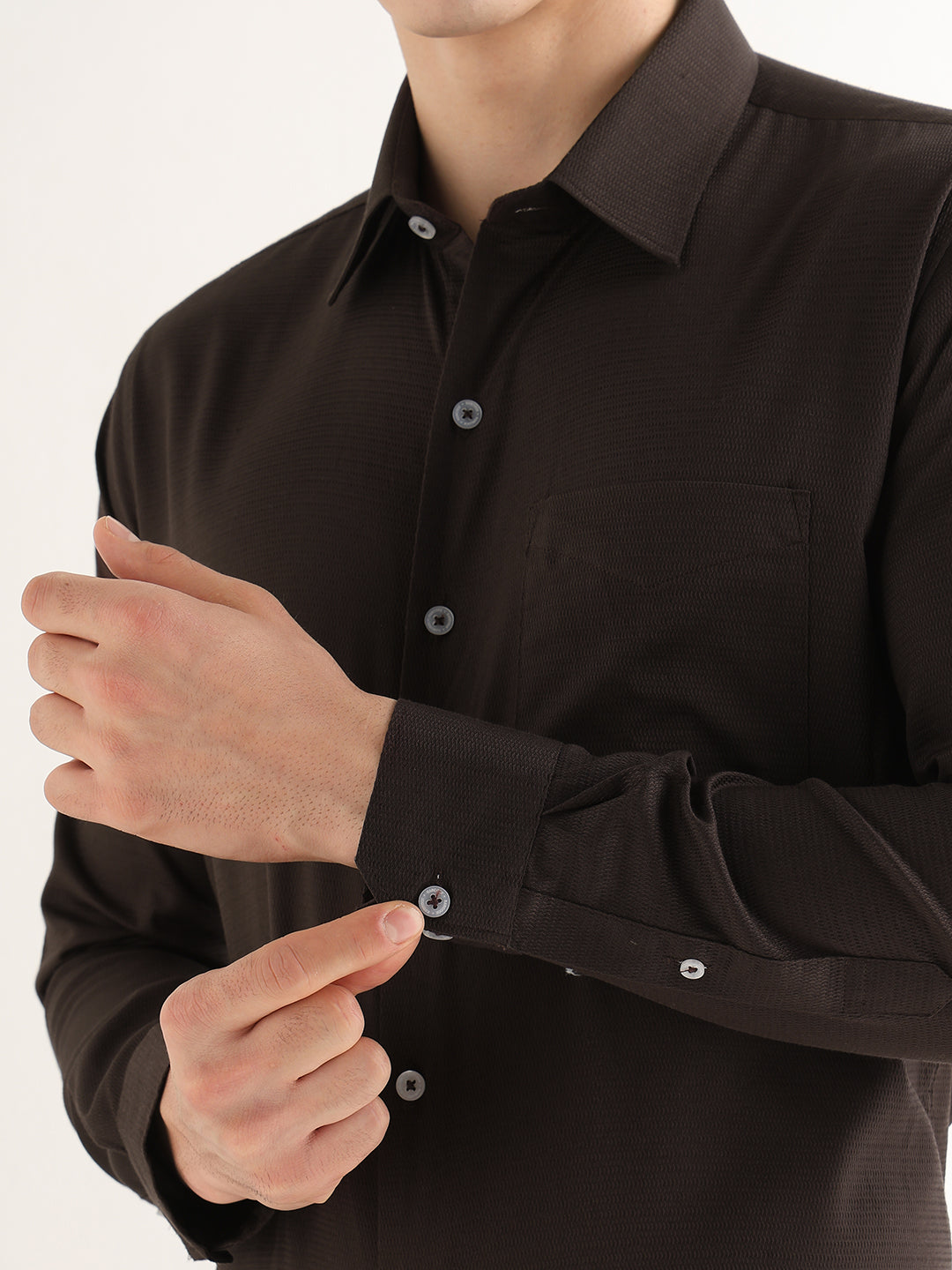 Hancock   Men   Mocha Brown   Solid Self Design   Pure Cotton   Slim Fit   Formal   Shirt
