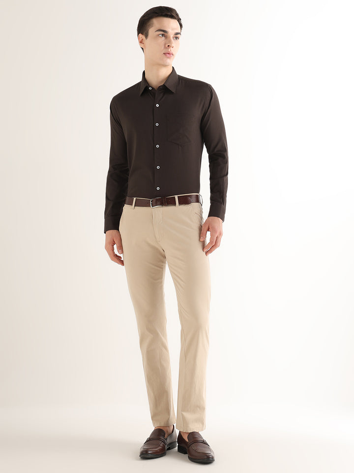 Hancock   Men   Mocha Brown   Solid Self Design   Pure Cotton   Slim Fit   Formal   Shirt