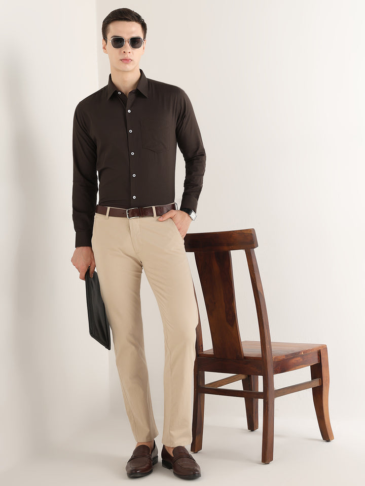 Hancock   Men   Mocha Brown   Solid Self Design   Pure Cotton   Slim Fit   Formal   Shirt