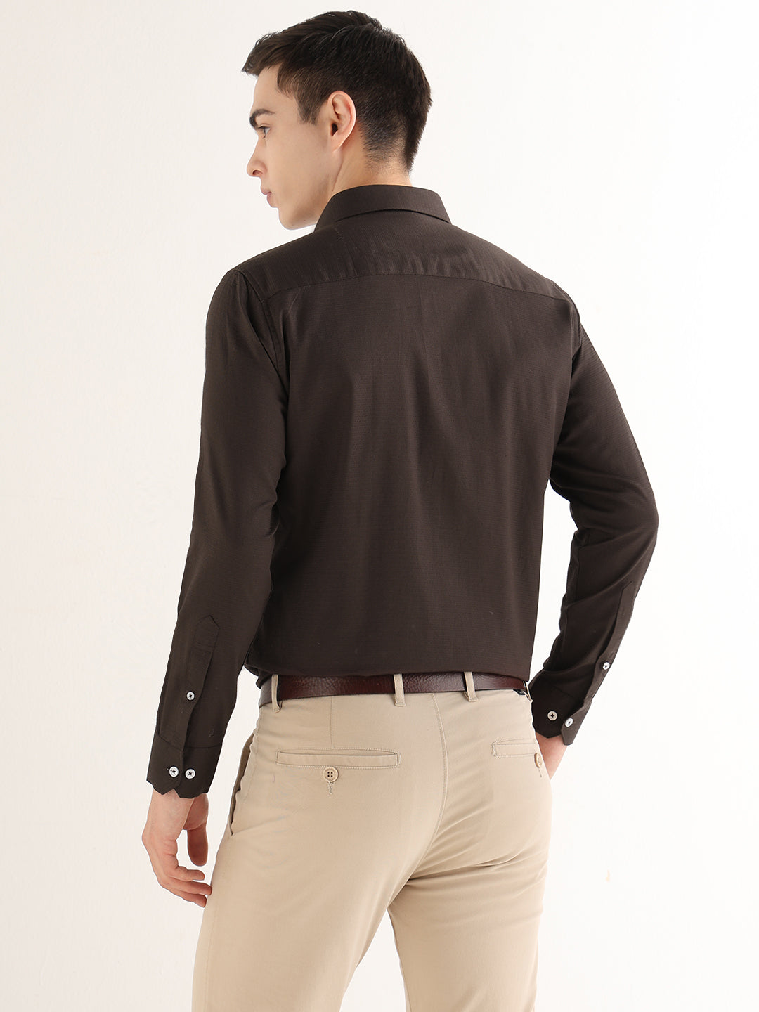 Hancock   Men   Mocha Brown   Solid Self Design   Pure Cotton   Slim Fit   Formal   Shirt