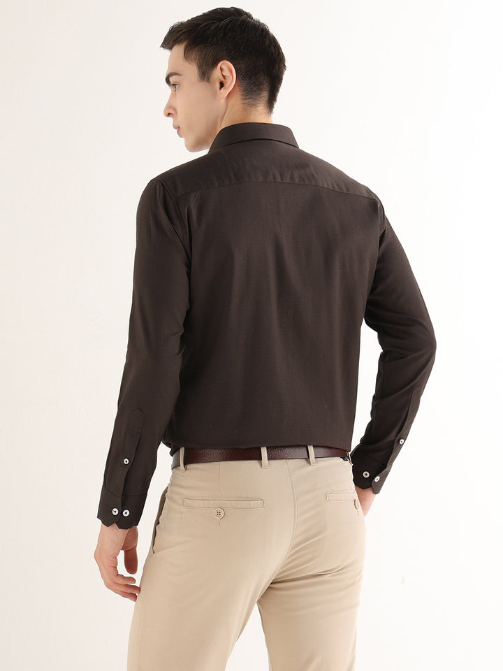 Hancock   Men   Mocha Brown   Solid Self Design   Pure Cotton   Slim Fit   Formal   Shirt