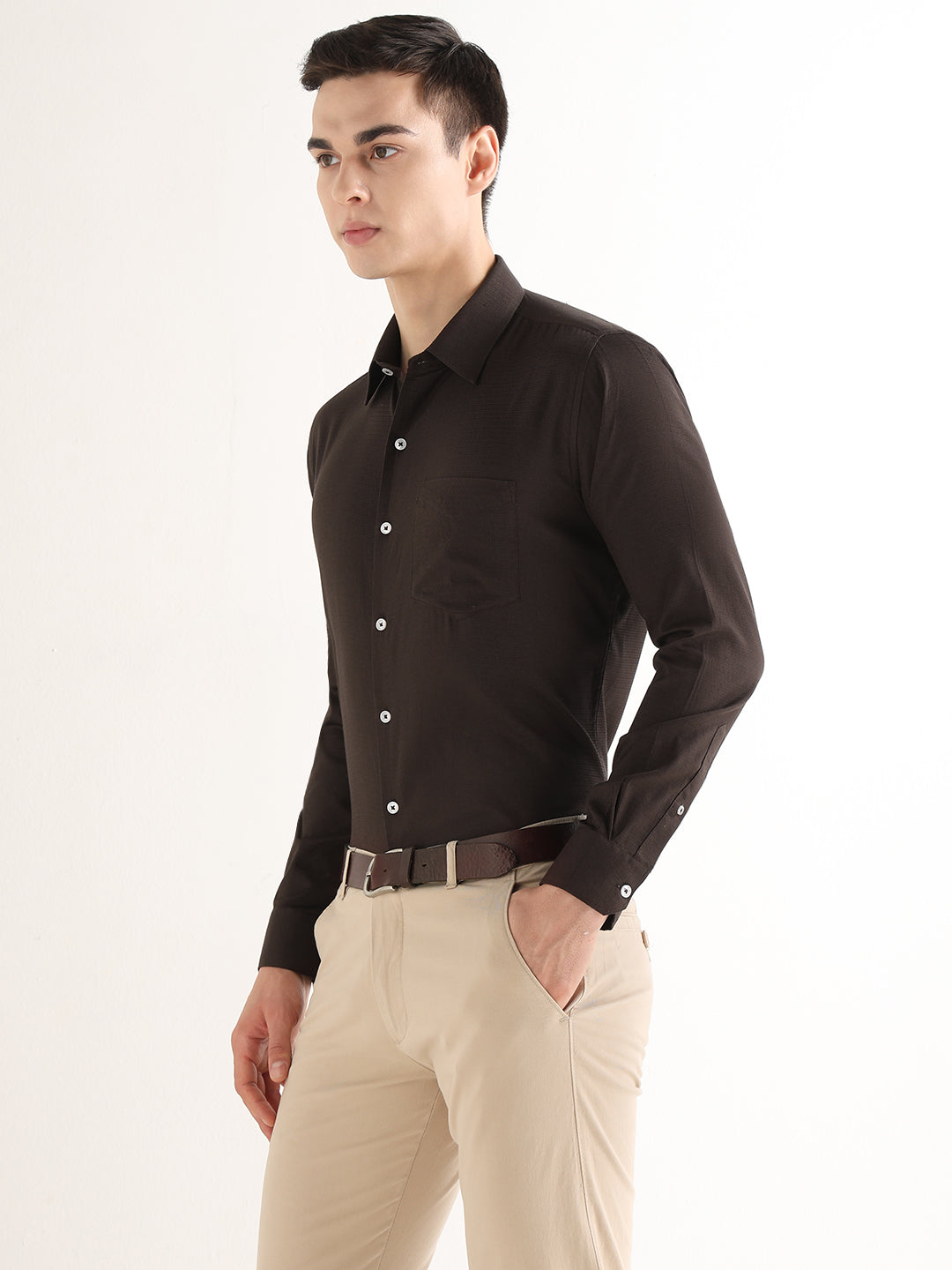 Hancock   Men   Mocha Brown   Solid Self Design   Pure Cotton   Slim Fit   Formal   Shirt