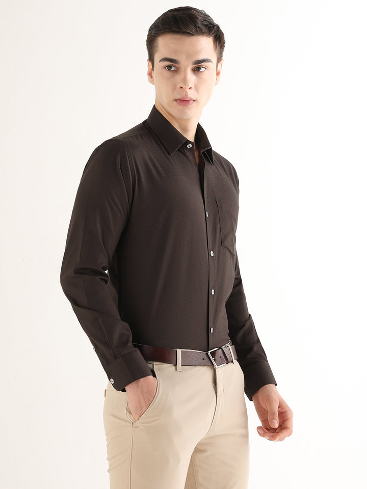 Hancock   Men   Mocha Brown   Solid Self Design   Pure Cotton   Slim Fit   Formal   Shirt