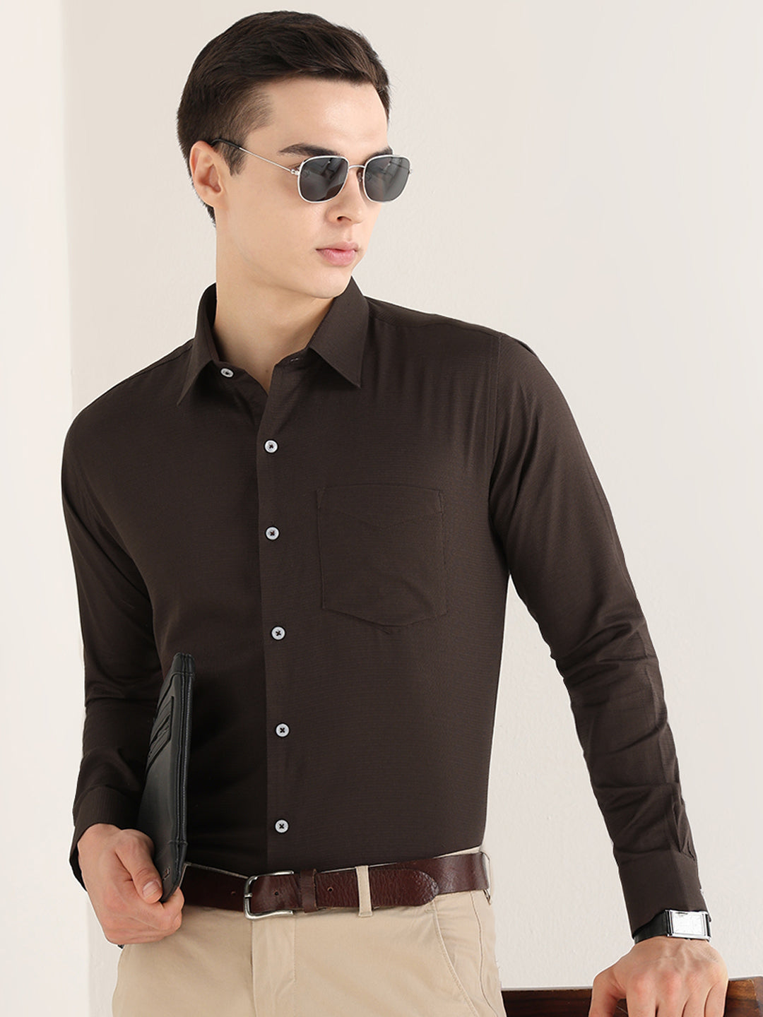 Hancock   Men   Mocha Brown   Solid Self Design   Pure Cotton   Slim Fit   Formal   Shirt