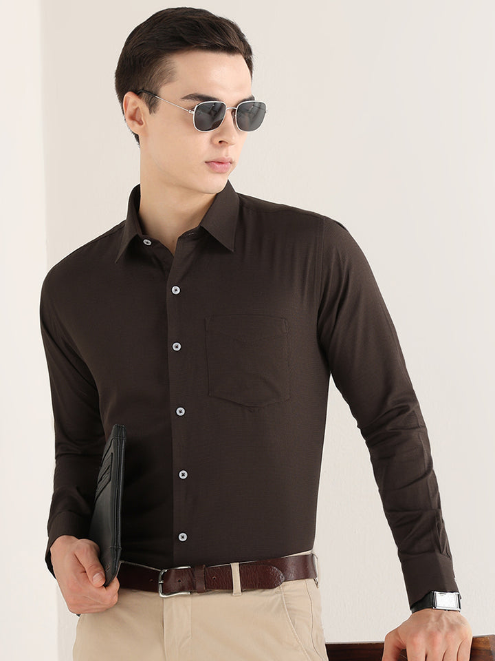 Hancock   Men   Mocha Brown   Solid Self Design   Pure Cotton   Slim Fit   Formal   Shirt
