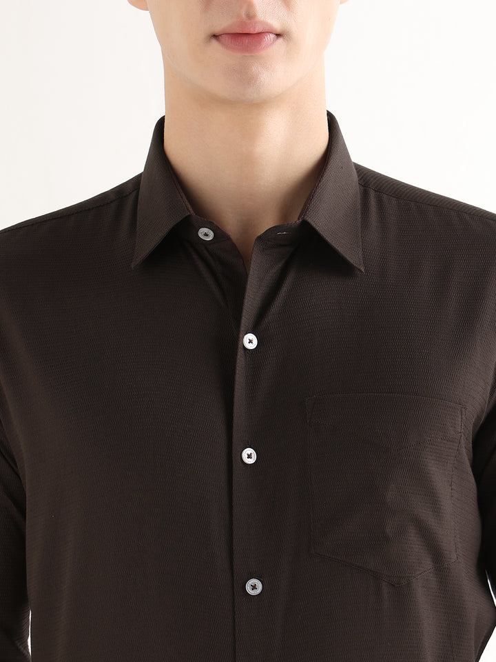 Hancock   Men   Mocha Brown   Solid Self Design   Pure Cotton   Slim Fit   Formal   Shirt