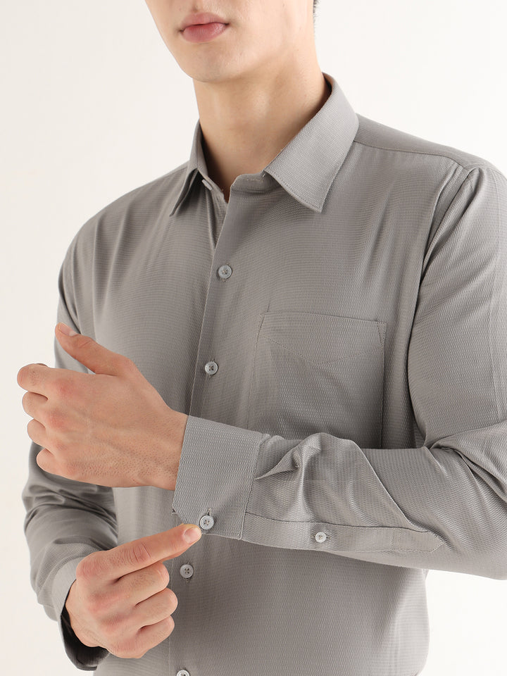 Hancock   Men   Fog Grey   Solid Self Design   Pure Cotton   Slim Fit   Formal   Shirt