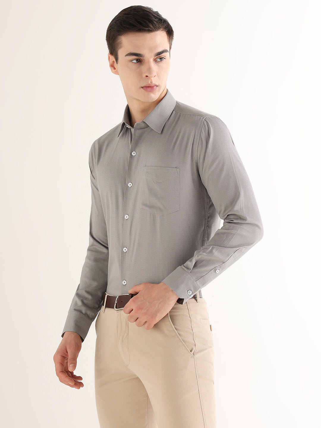 Hancock   Men   Fog Grey   Solid Self Design   Pure Cotton   Slim Fit   Formal   Shirt