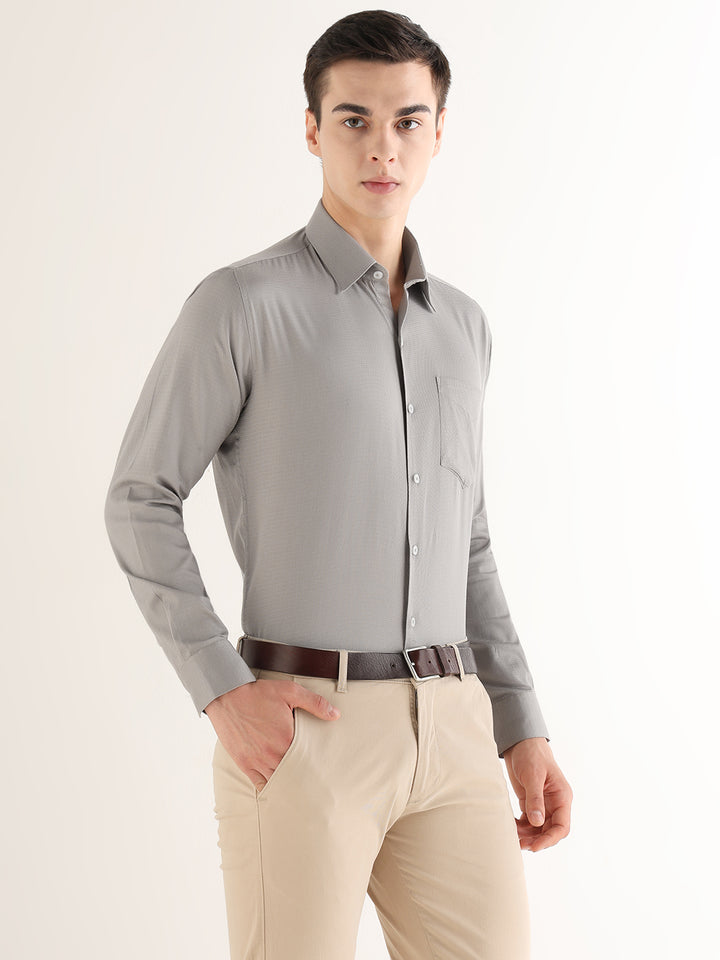 Hancock   Men   Fog Grey   Solid Self Design   Pure Cotton   Slim Fit   Formal   Shirt