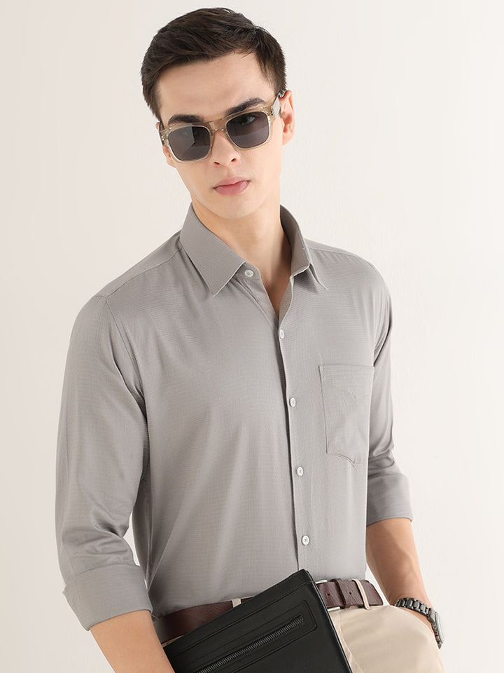 Hancock   Men   Fog Grey   Solid Self Design   Pure Cotton   Slim Fit   Formal   Shirt