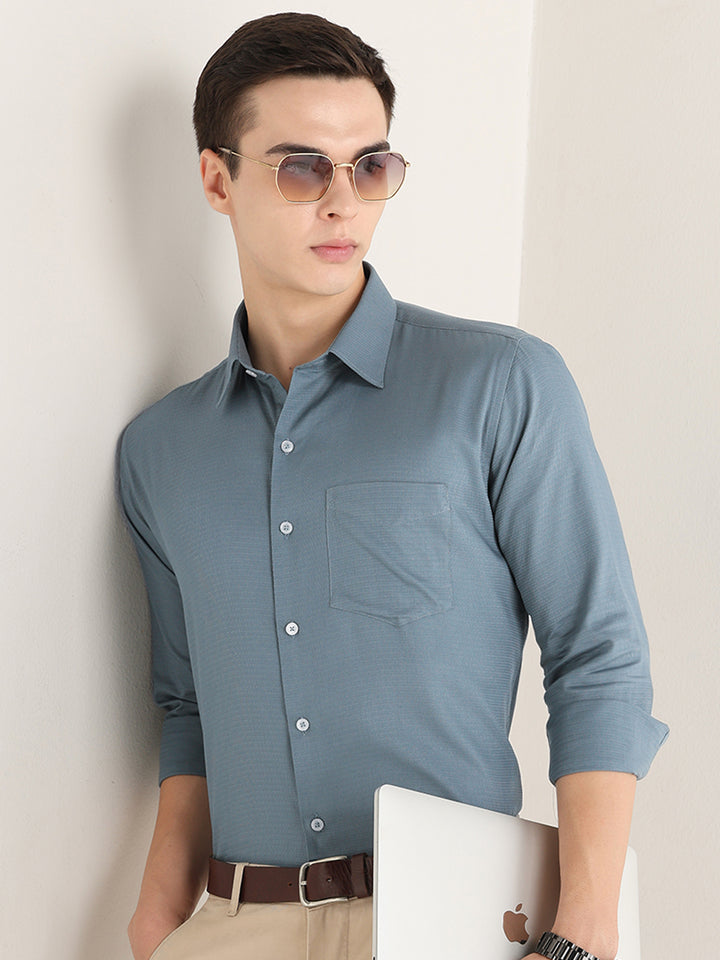 Hancock   Men   Metal Blue   Solid Self Design   Pure Cotton   Slim Fit   Formal   Shirt