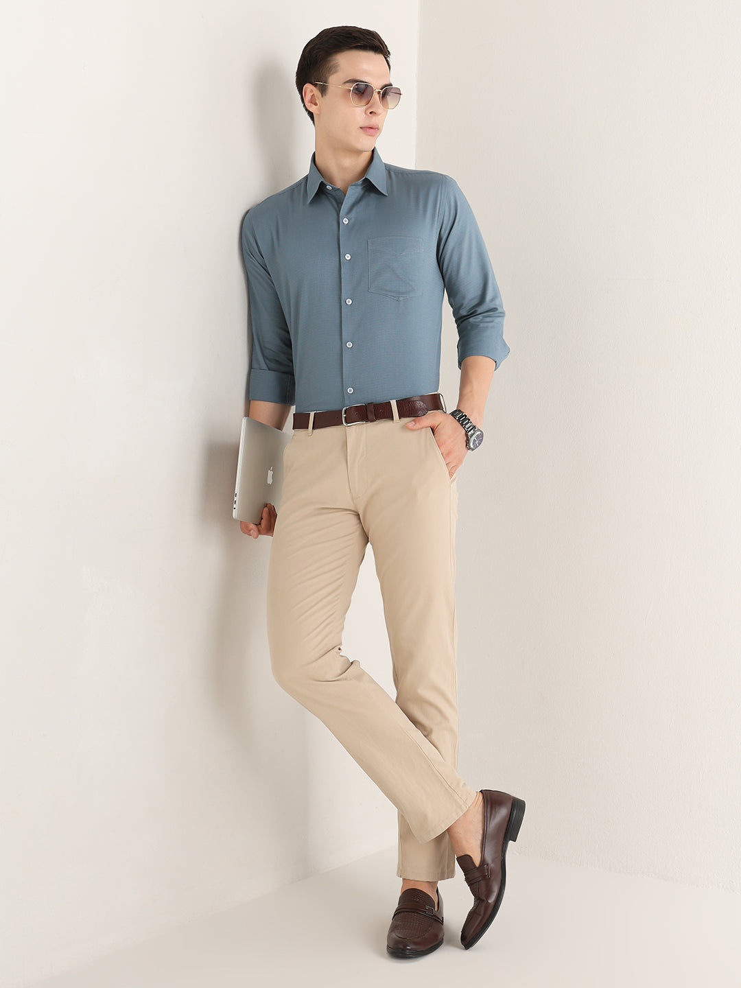 Hancock   Men   Metal Blue   Solid Self Design   Pure Cotton   Slim Fit   Formal   Shirt