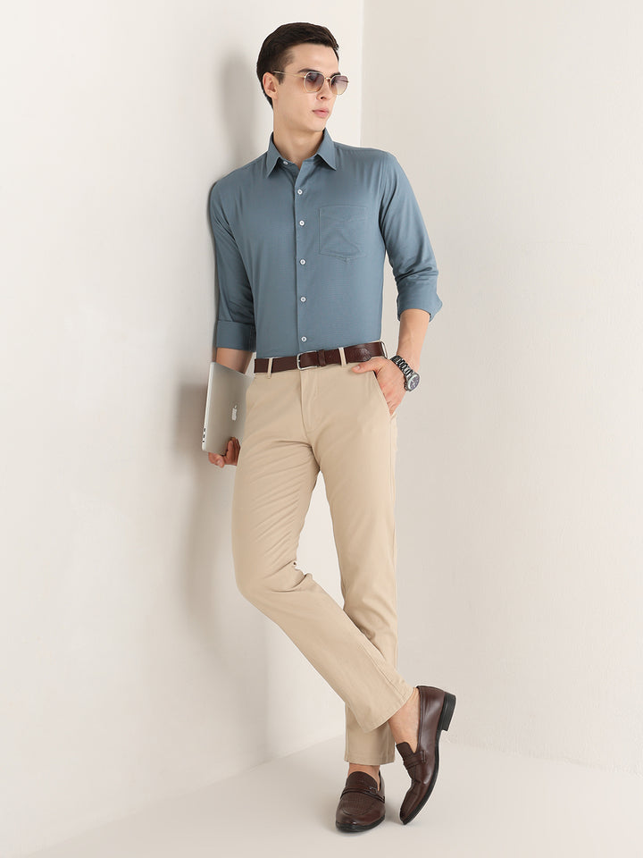 Hancock   Men   Metal Blue   Solid Self Design   Pure Cotton   Slim Fit   Formal   Shirt