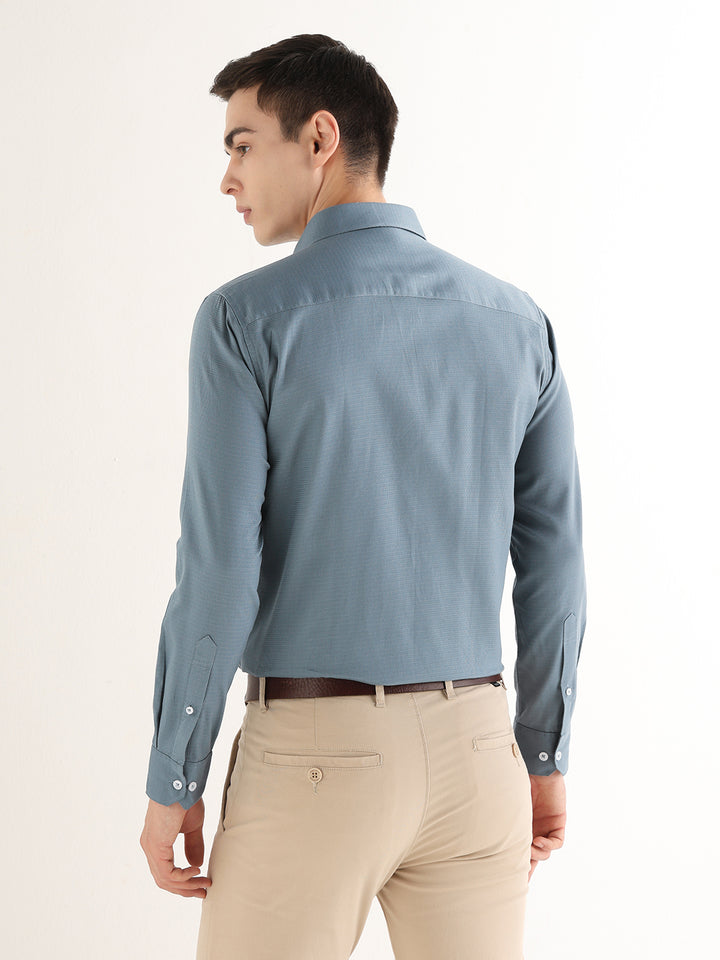 Hancock   Men   Metal Blue   Solid Self Design   Pure Cotton   Slim Fit   Formal   Shirt
