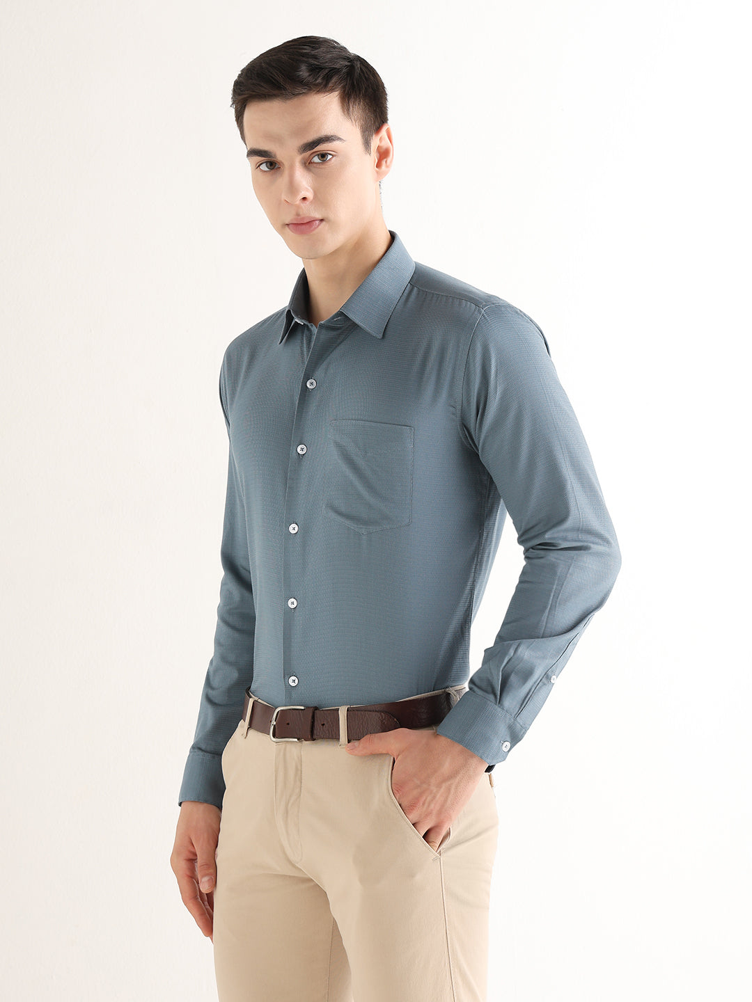 Hancock   Men   Metal Blue   Solid Self Design   Pure Cotton   Slim Fit   Formal   Shirt