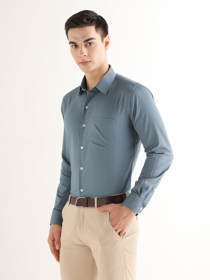 Hancock   Men   Metal Blue   Solid Self Design   Pure Cotton   Slim Fit   Formal   Shirt