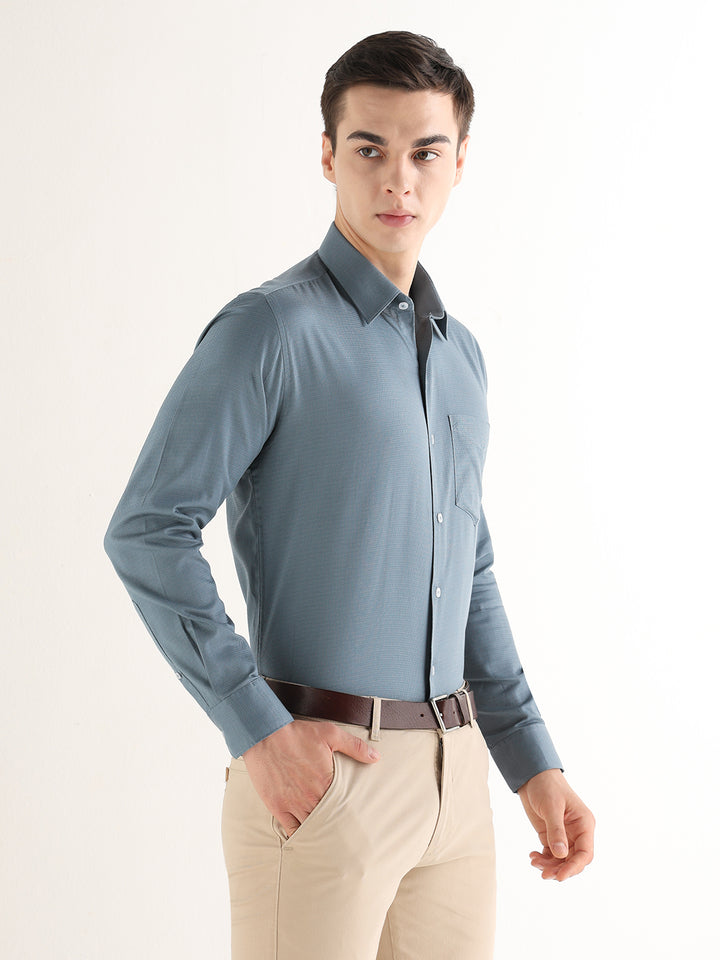 Hancock   Men   Metal Blue   Solid Self Design   Pure Cotton   Slim Fit   Formal   Shirt