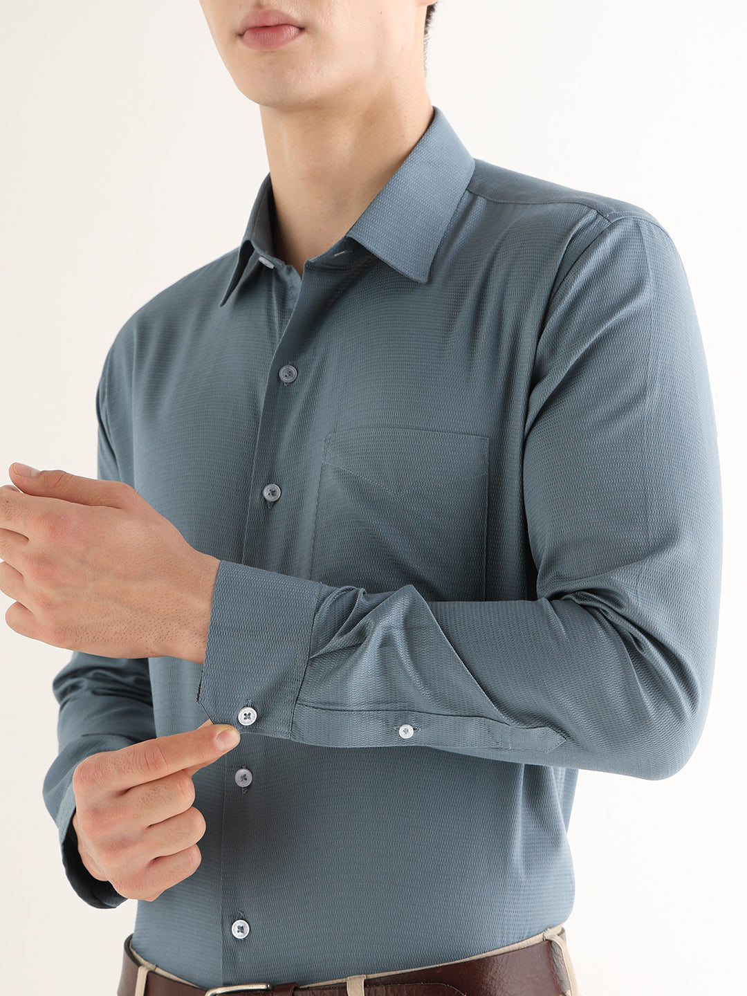 Hancock   Men   Metal Blue   Solid Self Design   Pure Cotton   Slim Fit   Formal   Shirt