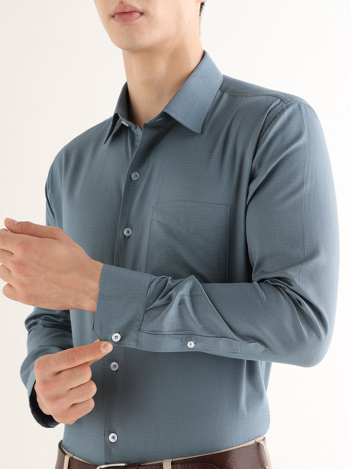 Hancock   Men   Metal Blue   Solid Self Design   Pure Cotton   Slim Fit   Formal   Shirt