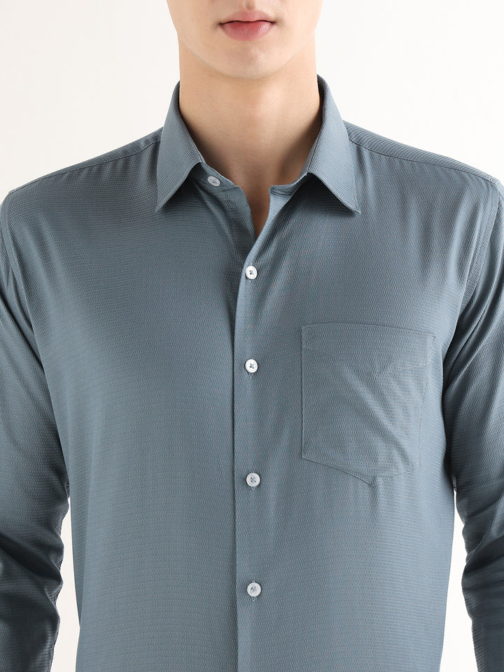 Hancock   Men   Metal Blue   Solid Self Design   Pure Cotton   Slim Fit   Formal   Shirt