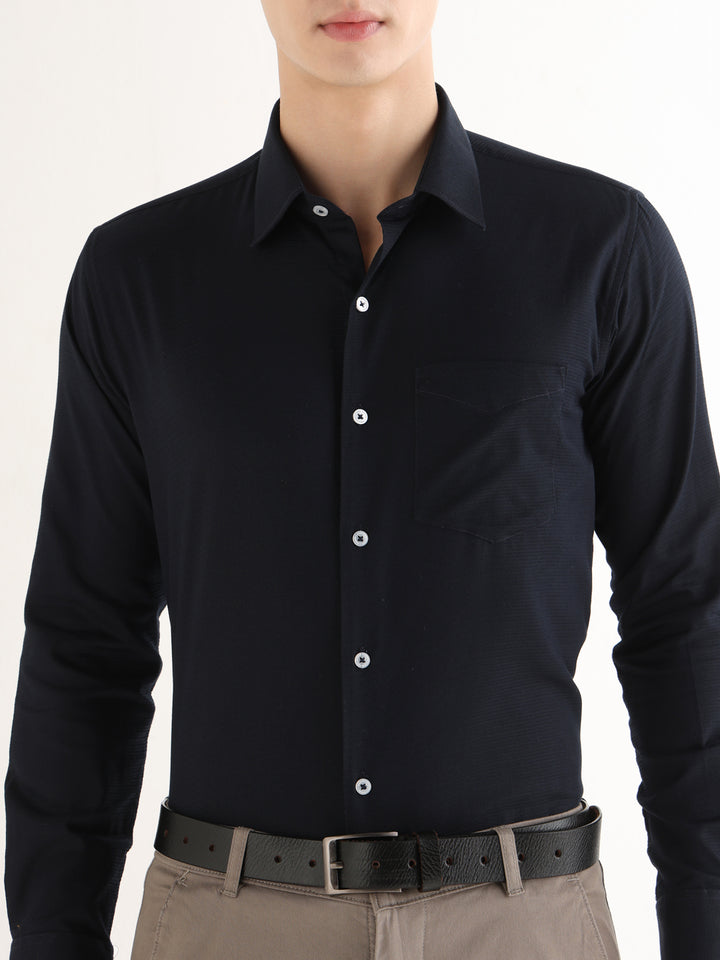 Hancock   Men   Midnight Blue   Solid Self Design   Pure Cotton   Slim Fit   Formal   Shirt