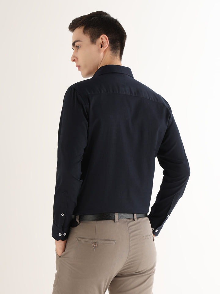 Hancock   Men   Midnight Blue   Solid Self Design   Pure Cotton   Slim Fit   Formal   Shirt
