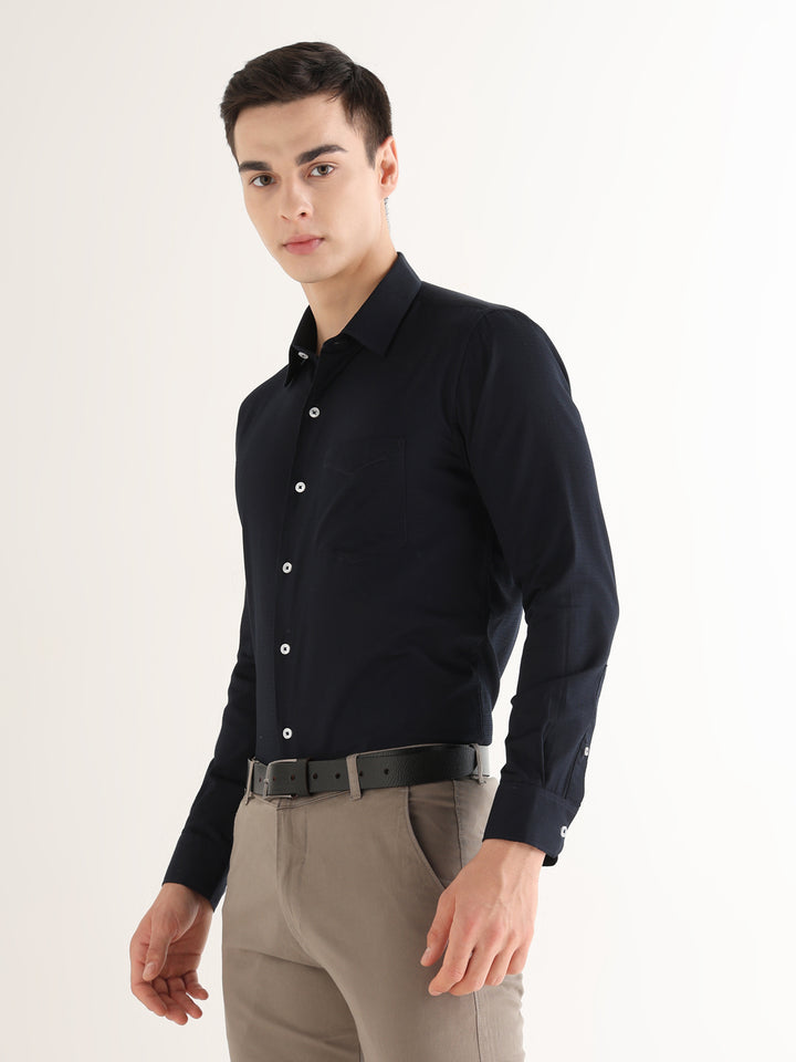 Hancock   Men   Midnight Blue   Solid Self Design   Pure Cotton   Slim Fit   Formal   Shirt