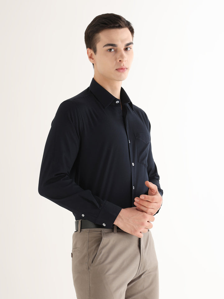 Hancock   Men   Midnight Blue   Solid Self Design   Pure Cotton   Slim Fit   Formal   Shirt
