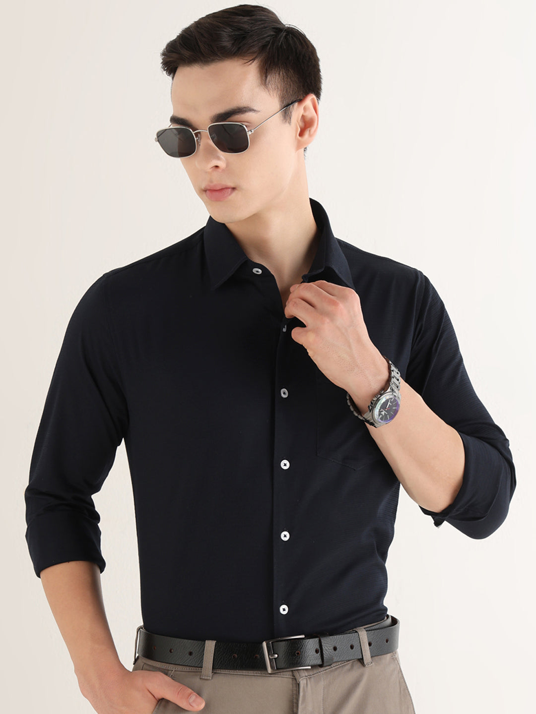Hancock   Men   Midnight Blue   Solid Self Design   Pure Cotton   Slim Fit   Formal   Shirt