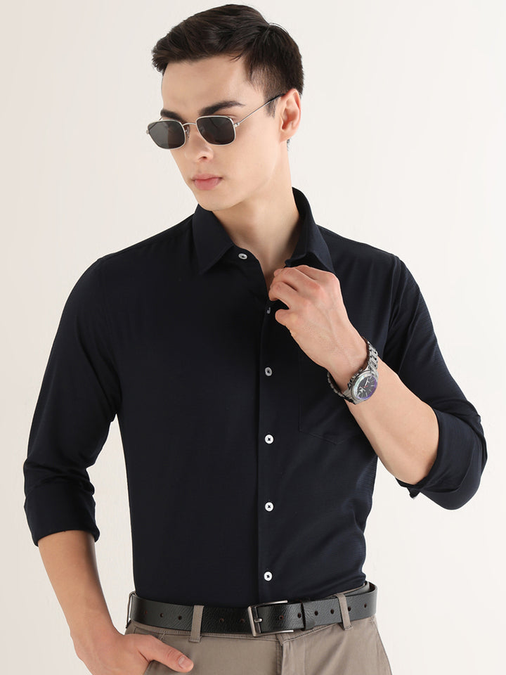 Hancock   Men   Midnight Blue   Solid Self Design   Pure Cotton   Slim Fit   Formal   Shirt