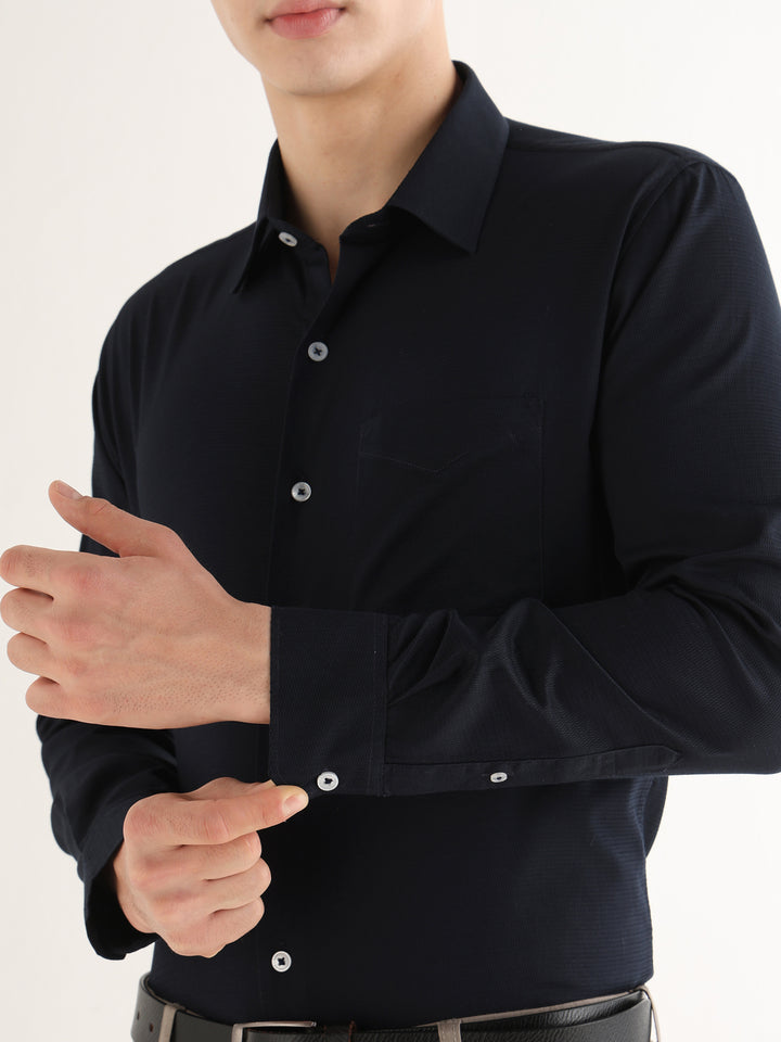 Hancock   Men   Midnight Blue   Solid Self Design   Pure Cotton   Slim Fit   Formal   Shirt