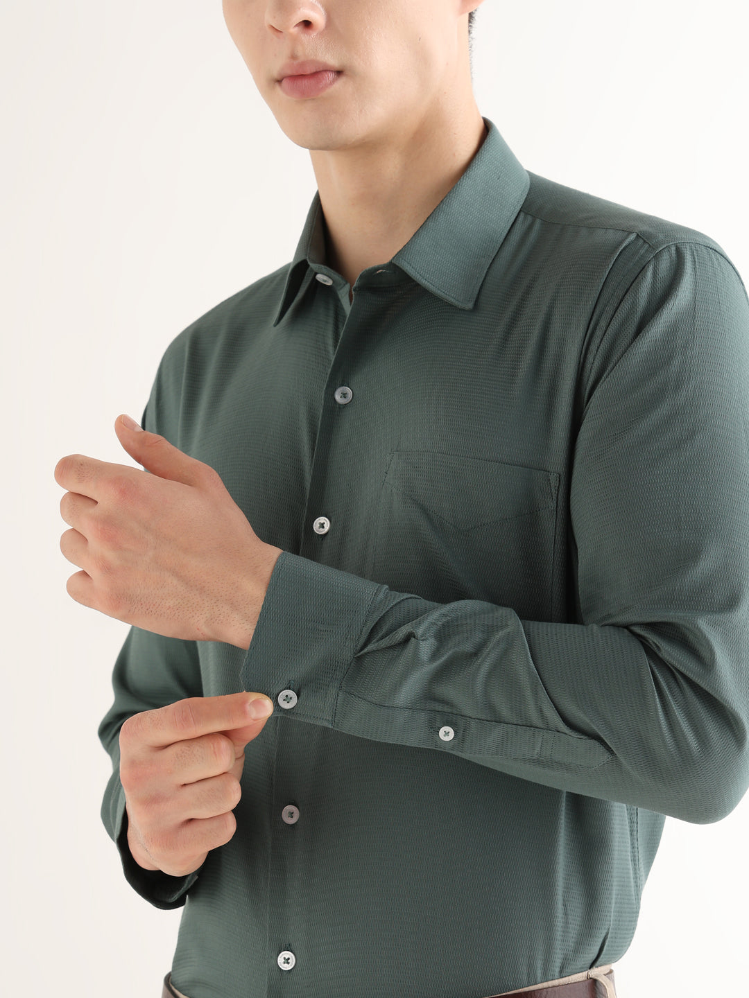 Hancock   Men   Pine Green   Solid Self Design   Pure Cotton   Slim Fit   Formal   Shirt